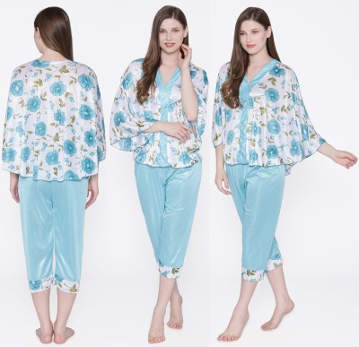 ROWENA Women Floral Print Light Blue Top & Capri Set