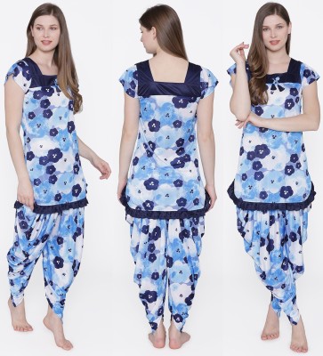 ROWENA Women Floral Print Light Blue Top & Pyjama Set