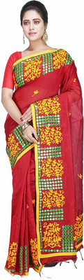 BRISHTI CREATIONS Embellished Handloom Cotton Linen Saree(Red)