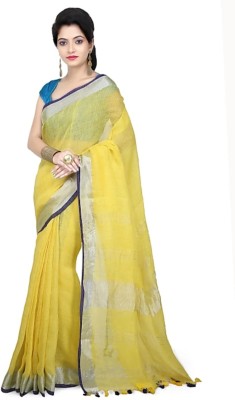 Namra Craft Striped Bhagalpuri Cotton Linen Saree(Yellow)