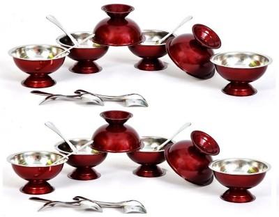 Dynore Set of 24 Maroon stainless steel ice cream cup and spoon set- 12 each Cup Serving Set(Pack of 24)