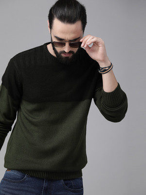 Roadster Solid Round Neck Casual Men Black, Green Sweater