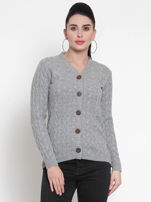 Kalt Self Design V Neck Casual Women Grey Sweater