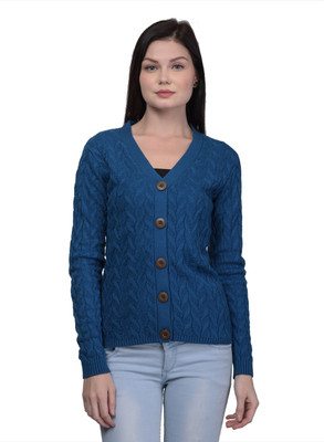 Kalt Self Design V Neck Casual Women Blue Sweater