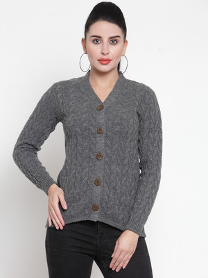 Kalt Self Design V Neck Casual Women Grey Sweater