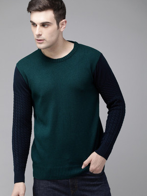 Roadster Solid Round Neck Casual Men Blue Sweater