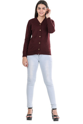 KALT Solid V Neck Casual Women Maroon Sweater
