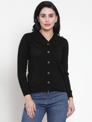 KALT Self Design V Neck Casual Women Black Sweater