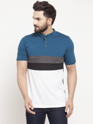 KALT Striped Men Mandarin Collar Multicolor T-Shirt