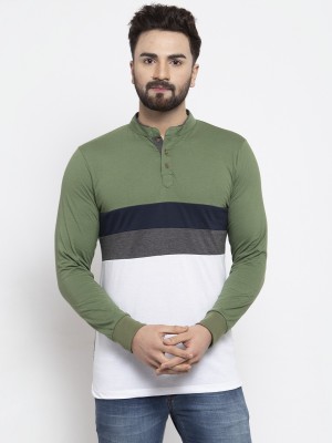 KALT Colorblock Men Mandarin Collar Green T-Shirt