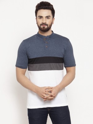 KALT Striped Men Mandarin Collar Multicolor T-Shirt