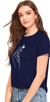 WSRF FAB Casual Short Sleeve Printed Women Blue Top