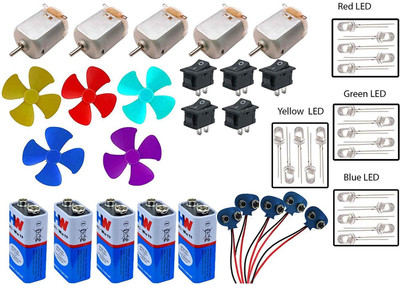 Creative Tech Science Projects Kit for DIY Toy Motor, 4 Colour LED, 9V Battery, Mini 4 Wing Fan, Battery Snap, Switches Electronic Components Electronic Hobby Kit
