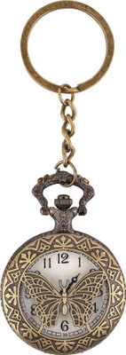 RainSound Butterfly Engraved Analogue White Round Dial Antique Pocket Watch Key Chain