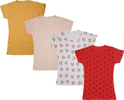 IndiWeaves Girls Printed Cotton Blend T Shirt(Multicolor, Pack of 4)