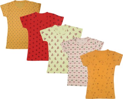 IndiWeaves Girls Printed Cotton Blend Regular T Shirt(Multicolor, Pack of 5)