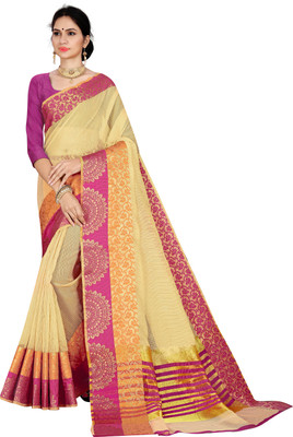 kvsfab Woven Bollywood Cotton Silk Saree(Pink, Cream)