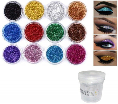 Elecsera Bright Multi Colors Eye Dry Thick Shimmer Glitters - Pack Of 12 Pcs with Eye Glue/Gum(Multicolored)