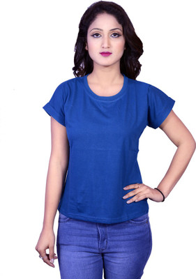 Deep Collection Casual Cap Sleeve Solid Women Blue Top