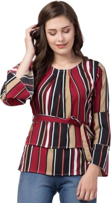 UNIYALS Casual 3/4 Sleeve Striped Women Brown Top