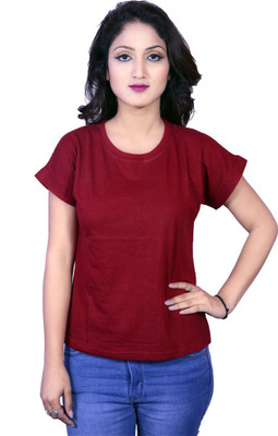 Deep Collection Casual Cap Sleeve Solid Women Maroon Top