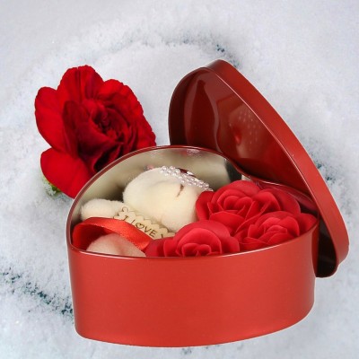 WEBELKART Red Heart Shaped Gift Box with 3 Red Roses, 1 Teddy Bear Decorative Showpiece  -  12 cm(Metal, Fabric, Red)