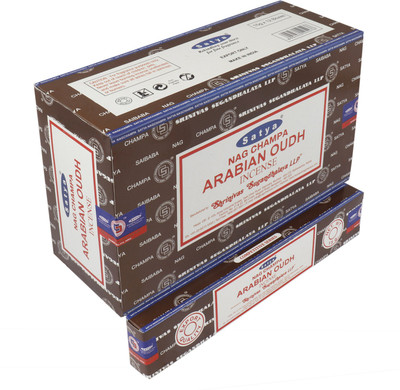 Satya Nag Champa Arabian Oudh Incense Sticks / Agarbatti 180 Grams Box (12 Packs of 15 Grams Each) and wooden stand Arabian Oudh(180 Units, Set of 12)