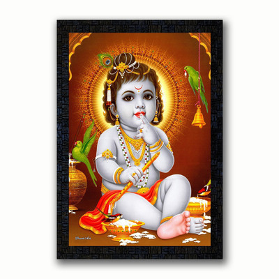 Poster N Frames UV Textured Decorative Art Print of (Baby) Bal Krishna with wooden synthetic frame Painting Size 14 x 20 inch Digital Reprint 20 inch x 14 inch Painting(With Frame)
