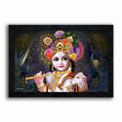 Poster N Frames UV Textured Decorative Art Print of (Baby) Bal Krishna with wooden synthetic frame Painting Size 14 x 20 inch Digital Reprint 20 inch x 14 inch Painting(With Frame)