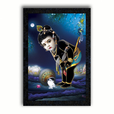 Poster N Frames UV Textured Decorative Art Print of (Baby) Bal Krishna with wooden synthetic frame Painting Size 14 x 20 inch Digital Reprint 20 inch x 14 inch Painting(With Frame)