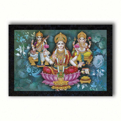 Poster N Frames UV Textured Decorative Art Print of Diwali Puja (laxmiji, Ganeshji,Saraswatiji) with wooden synthetic frame Painting Size 14 x 20 inch Digital Reprint 20 inch x 14 inch Painting(With Frame)
