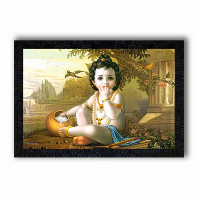 Poster N Frames UV Textured Decorative Art Print of (Baby) Bal Krishna with wooden synthetic frame Painting Size 14 x 20 inch Digital Reprint 20 inch x 14 inch Painting(With Frame)