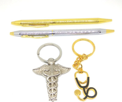 SMART WORLD Doctors Gift Set contains excellent slim Golden & Silver plated Pens for smooth writing,Stethoscope encrafted keychain & Caduceus designed keychains Pen Gift Set(Pack of 4, Ink Color - Blue)