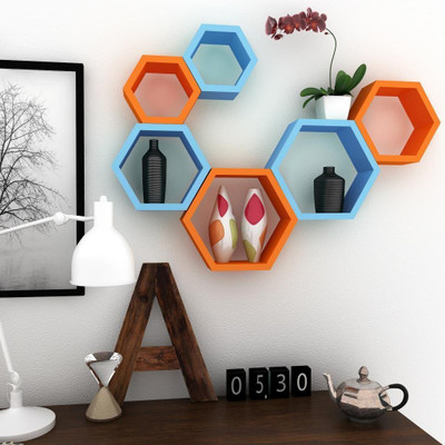 RAG Solutions RAG Solutions Hexagon Shape Set of 6 Floating Wall Shelves (Orange, Skyblue) MDF (Medium Density Fiber) Wall Shelf(Number of Shelves - 6, Orange, Blue)