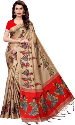 Tarshika Printed Kalamkari Silk Blend, Art Silk Saree(Beige)