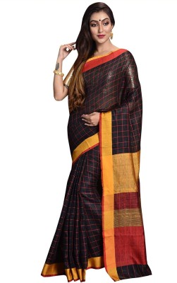 govind handloom Checkered Bhagalpuri Linen Saree(Black)