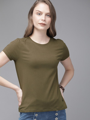 Roadster Solid Women Round Neck Dark Green T-Shirt