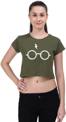 CRAZYINK Casual Half Sleeve Printed Women Dark Green Top