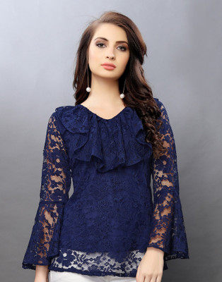 Selvia Casual Bell Sleeve Self Design Women Dark Blue Top