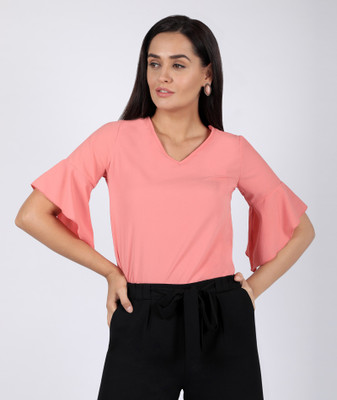 Chimpaaanzee Party Flared Sleeve Solid Women Pink Top