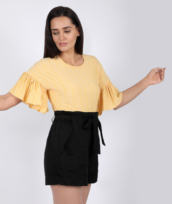 Chimpaaanzee Casual Flared Sleeve Striped Women Yellow Top