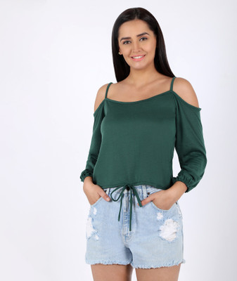 Chimpaaanzee Casual Cold Shoulder Solid Women Green Top