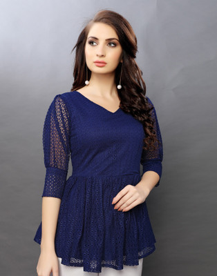 Selvia Casual Puff Sleeve Self Design Women Dark Blue Top