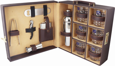 Chiefly vegan Leathers 6 Glasses Brown Bar Set |Premium Bar Set Bottle Opener with Bottle Handy Portable Leatherette Bar Set for car | Whiskey Glasses Brown AIBRP002 1 - Piece Bar Set(Stainless Steel)