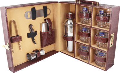 Chiefly vegan Leathers 6 Glasses Brown Bar Set |Premium Bar Set Bottle Opener with Bottle Handy Portable Leatherette Bar Set for car | Whiskey Glasses AIBRC003 1 - Piece Bar Set(Stainless Steel)