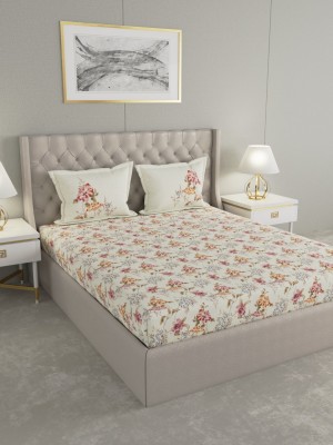 GMF 144 TC Cotton Double Floral Flat Bedsheet(Pack of 1, White & Orange)