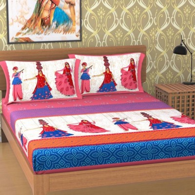 Pankaja Creation 144 TC Cotton Double Printed Flat Bedsheet(Pack of 1, Pink, Blue)