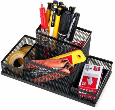 Viradiya's 4 Compartments Metal Mesh Desk Organizer Stationary Storage Holder Pen, Pencil, Eraser, Sharpner etc.(Black)