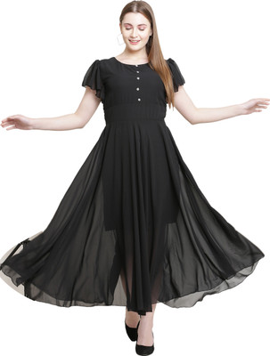 A R J FASHION Women Fit and Flare Black Maxi/Full Length Dress
