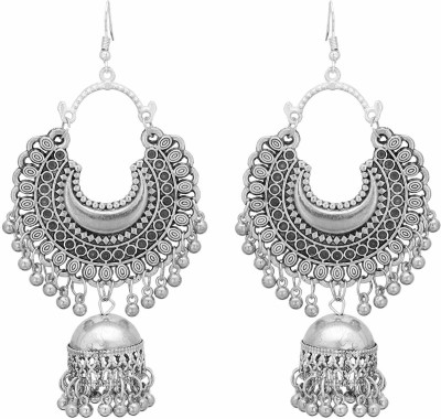 eShoptail Beautiful Oxidised Silver Beaded Chand Bali Earring with Single Jhumka for Women and Girls, Alloy Drops & Danglers, Light Weight, Colour Silver, Width 2 inches, Height 4 inches, 1 Pair Metal Drops & Danglers, Chandbali Earring, Jhumki Earring